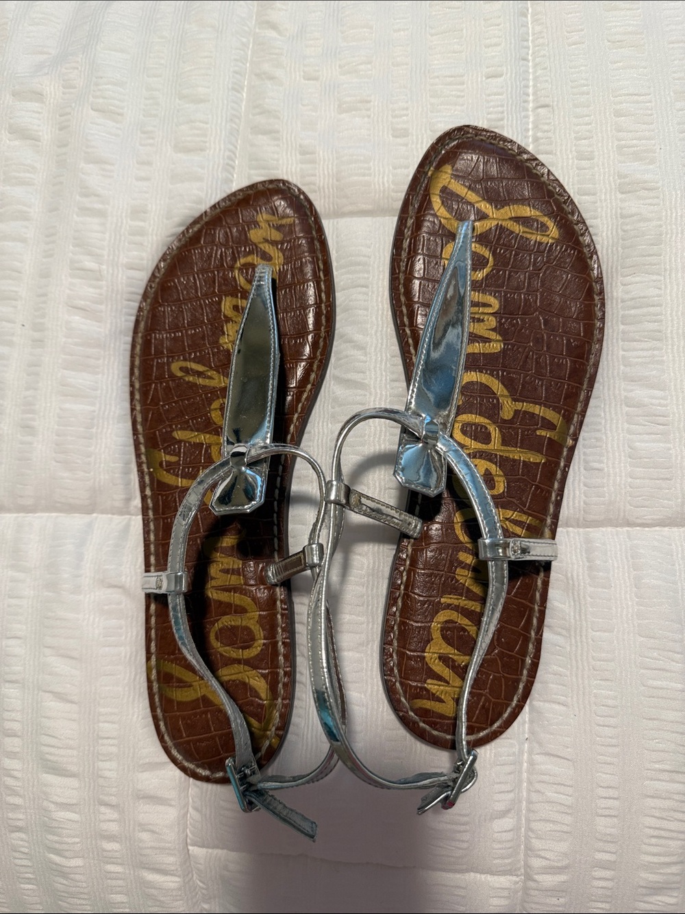 Sam Edelman Metallic Silver T-Strap Sandals